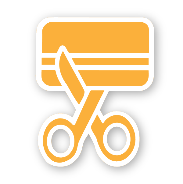 An Orange scissors cutting a credit card icon