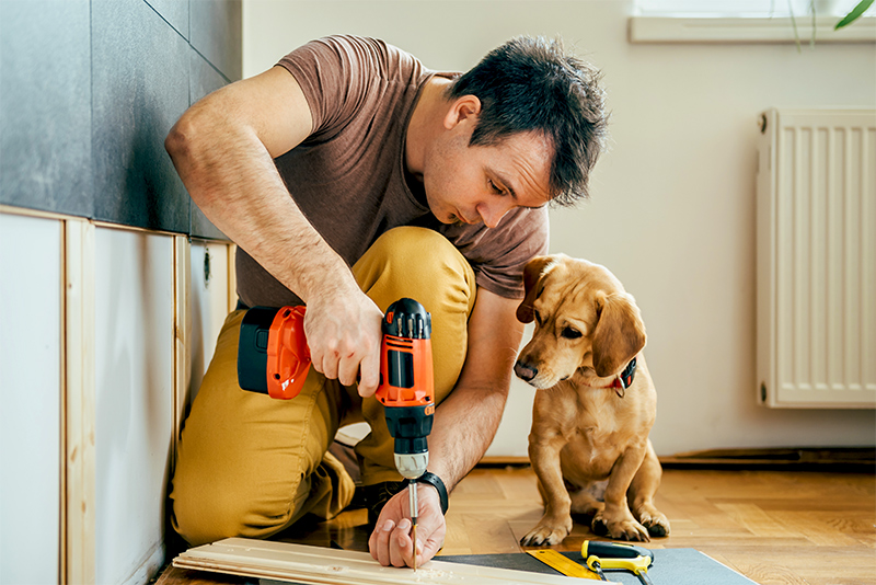 man doing home project with puppy watching