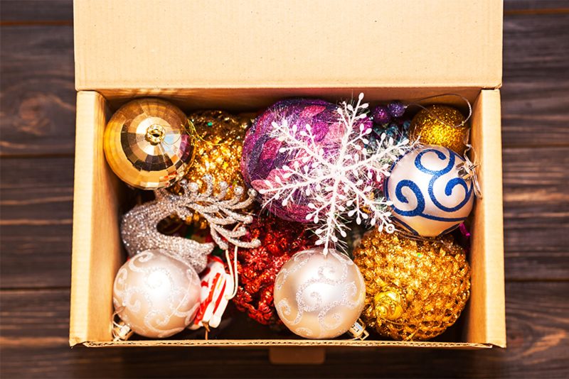 Christmas Decorations packed away in a cardboard box