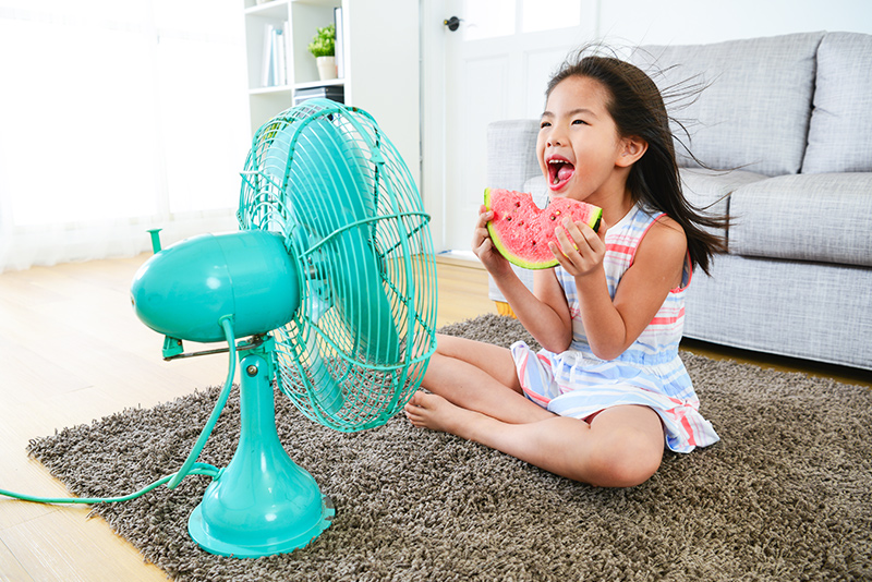 Young Girl Eating Watermelon And Blowing Cool Fan