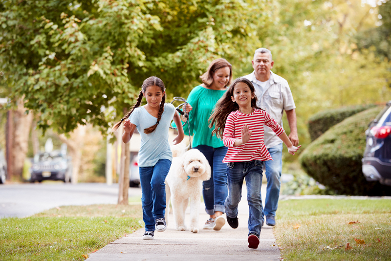 Happy family walking dog around neighborhood sidewalk