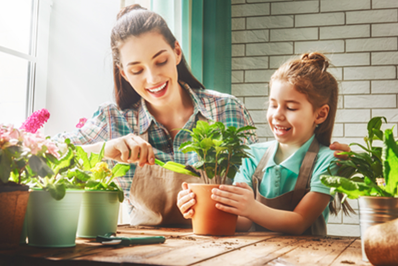 Mother and daughter planting small plants