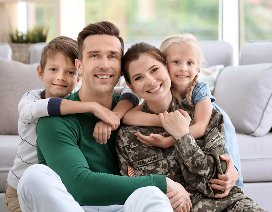 Woman military uniform her family home Woman military uniform her family home