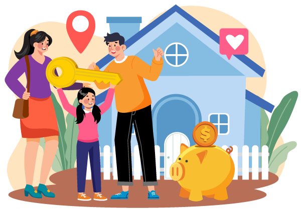 illustration family in front of house with keys