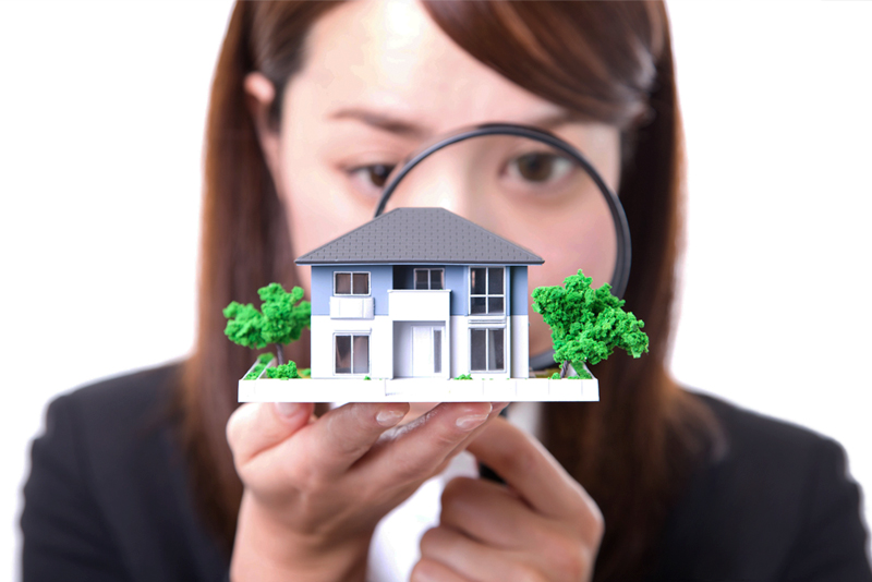 Woman with magnifying glass and toy house