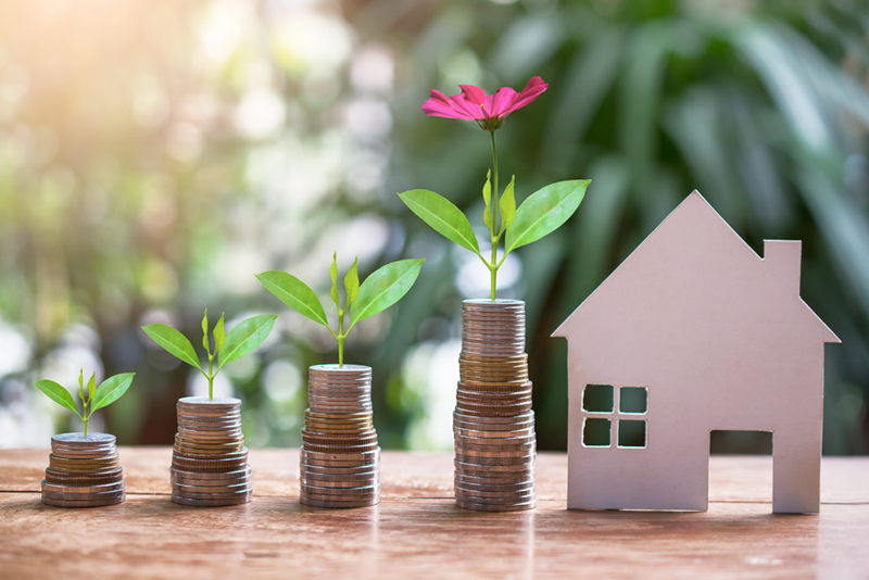 Stack of coins with flowers growing out of them and paper home