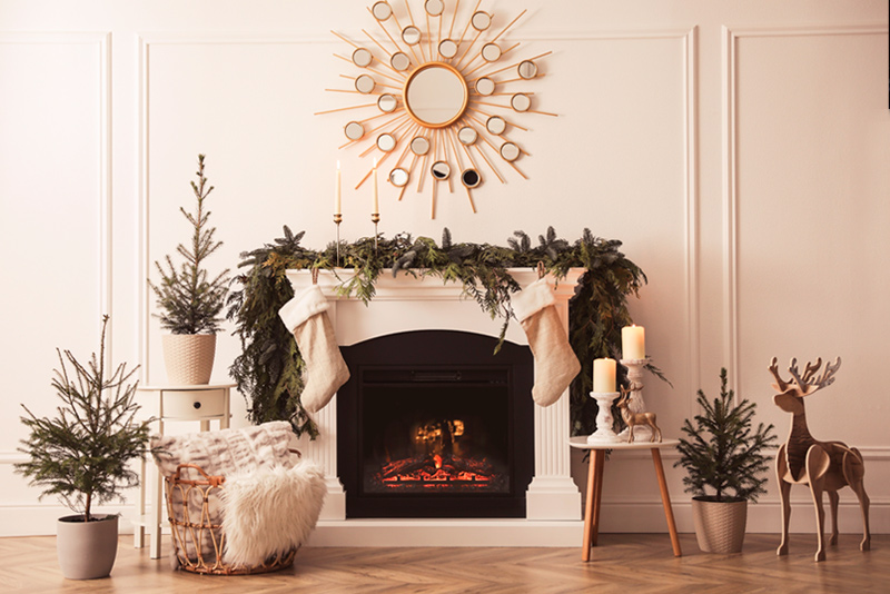 Classy fireplace with holiday decorations