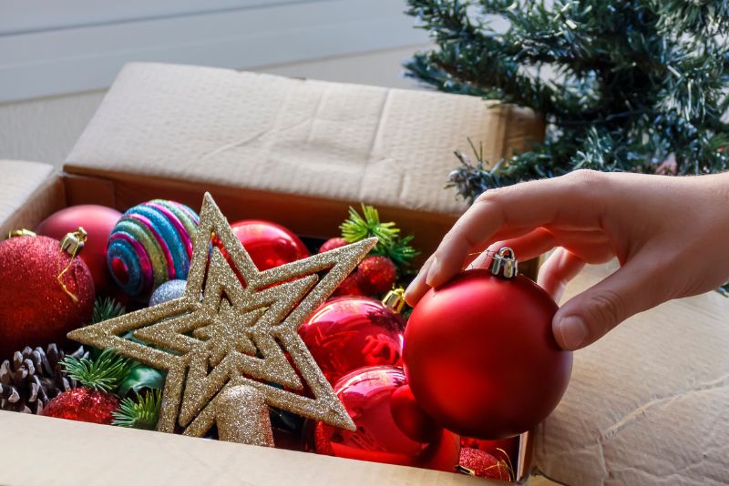 holiday ornaments in carton box