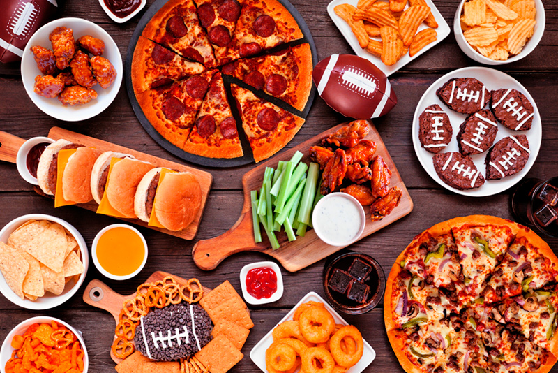 Large spread of football snacks and food