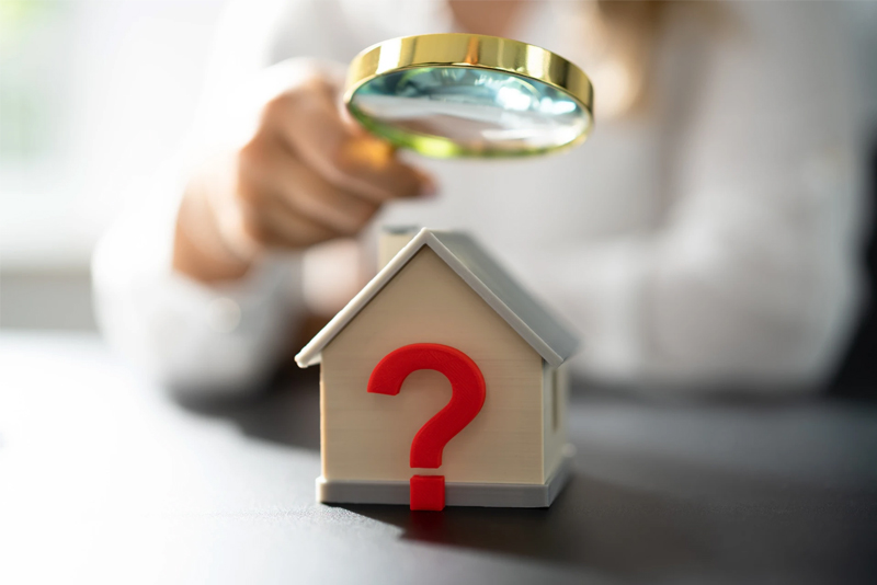 Woman viewing model home with magnifying glass