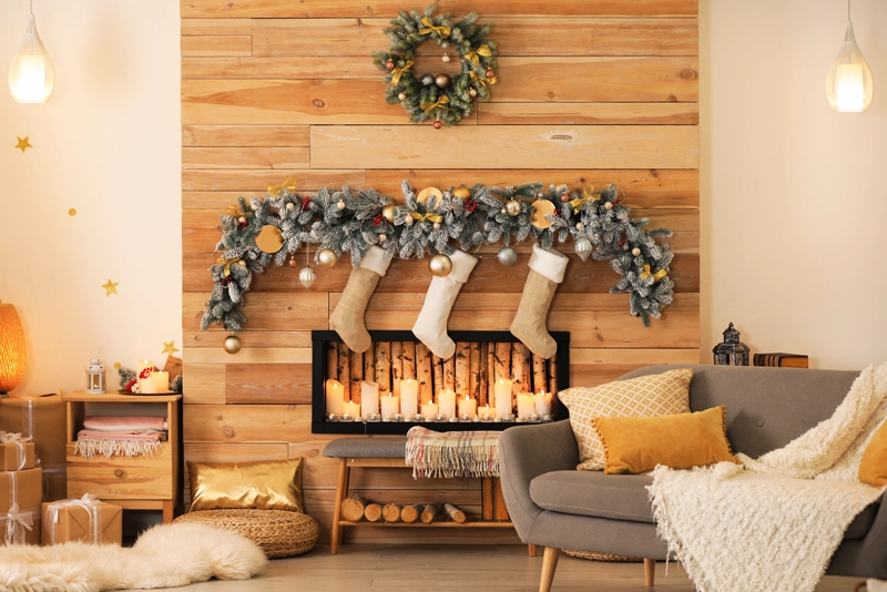 Cozy and modern living room with holiday decorations