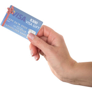 Right hand holding $300 Visa Gift card