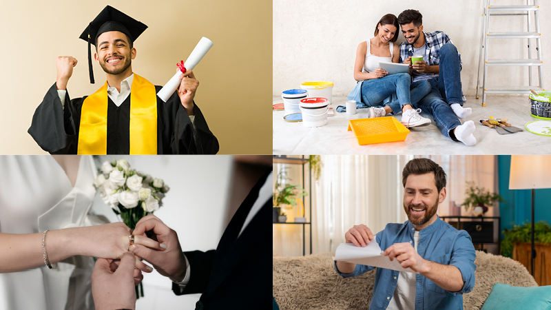collage of man graduating, couple making home improvements, getting married, man ripping up bill