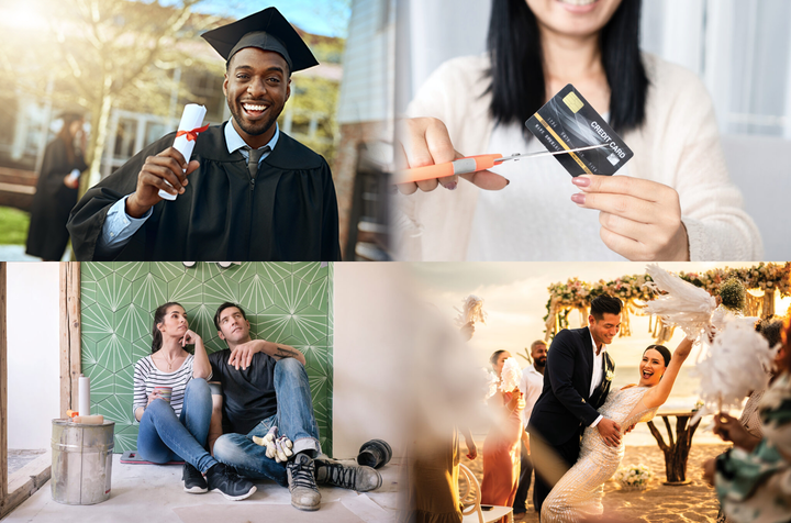 Collage of families doing various activities